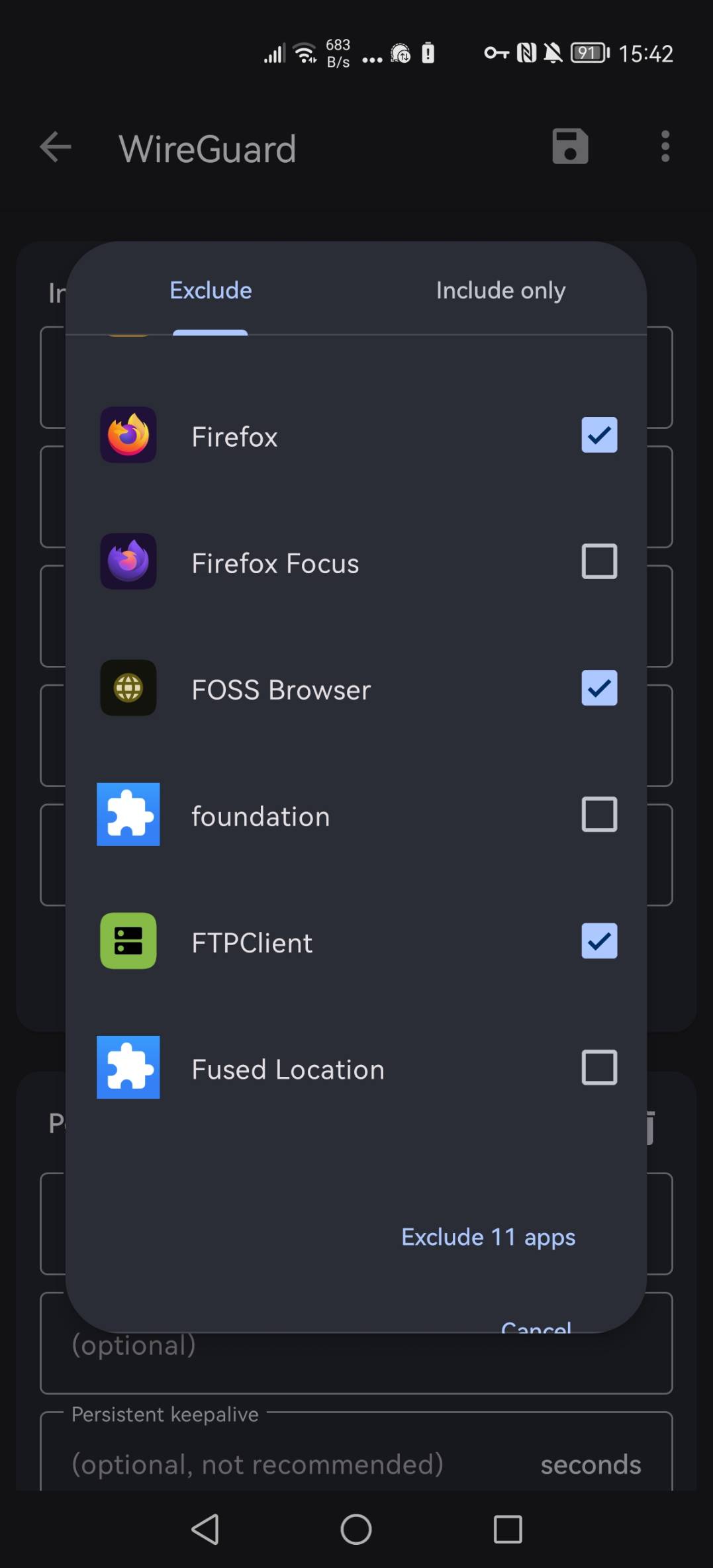 excluded apps on Android