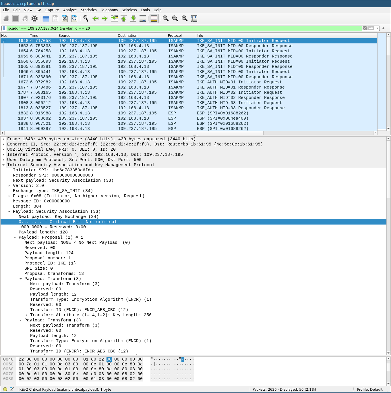 Wireshark trace of VoWifi IPSec tunnel creation